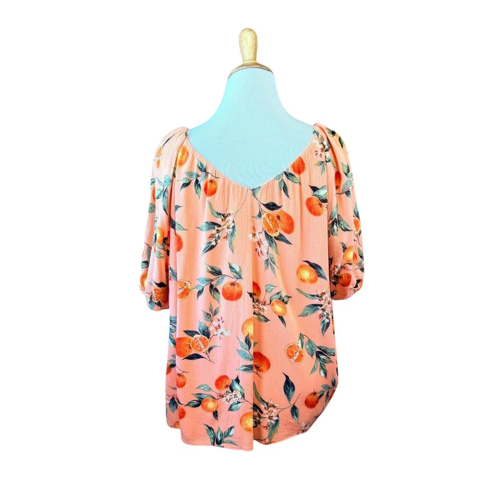 Loft Peach Orange Citrus Floral V-Neck Puff Sleeve Boho Cottagecore Blouse XL